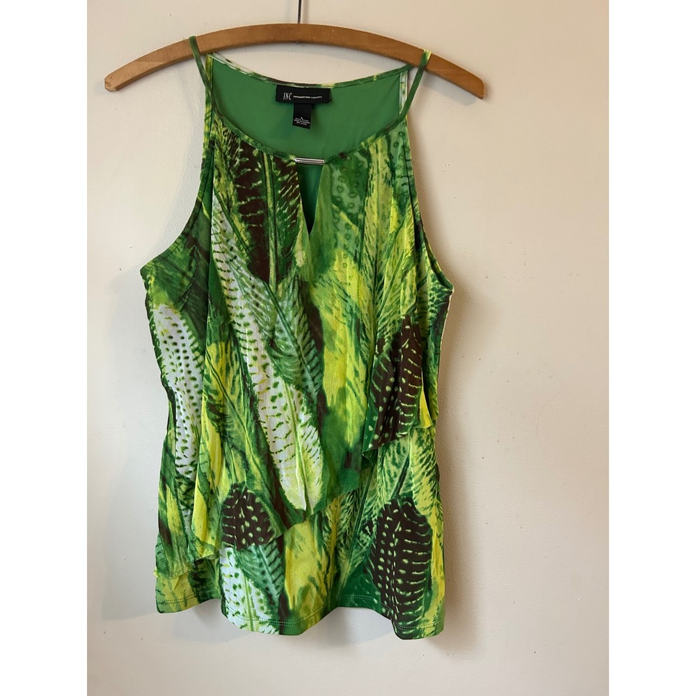 Y2k INC Green Leaf Feather Print Halter Neck Ruffle Tank Top L Fairycore Indie